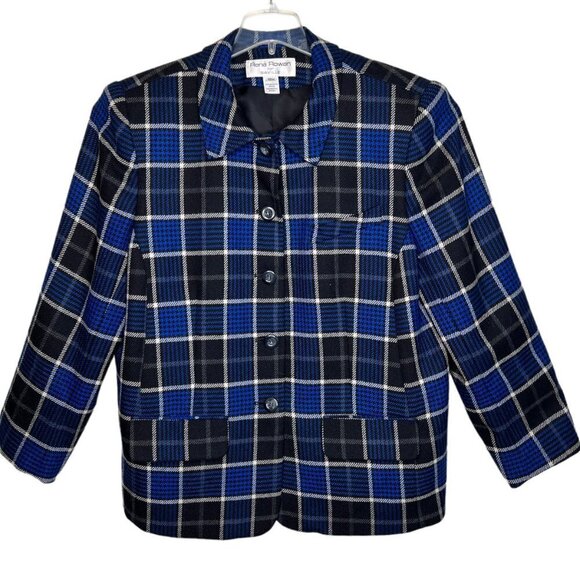 Y2K Rena Rowan Wool Tartan Plaid Button Blazer Size 18W Blue Black Shoulder Pads - Picture 2 of 16